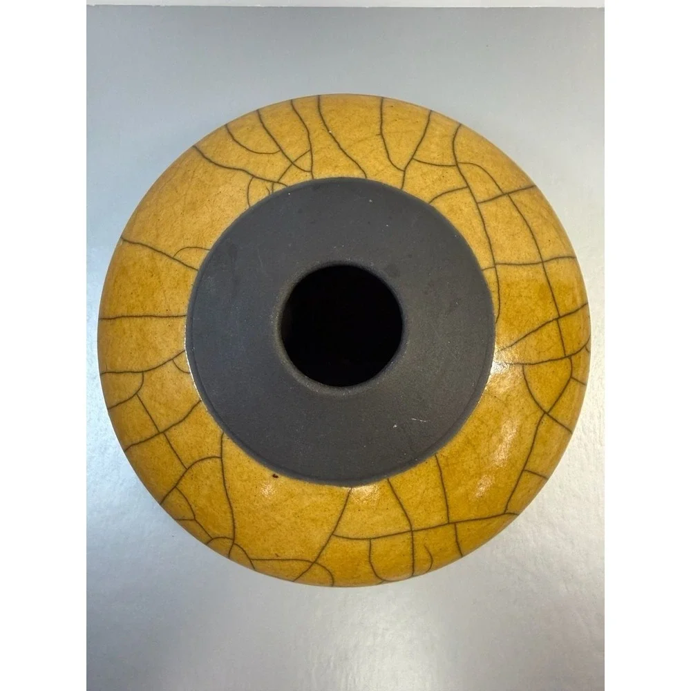 Lily Yellow Crackle Glaze Studio Pottery Vessel‎ Vase with Matte Black Rim